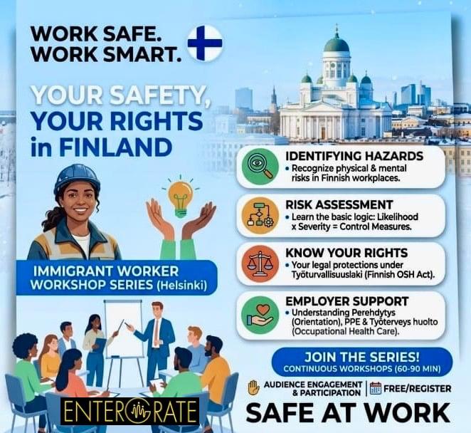 Work Safe, Work Smart workshop flyer about workplace safety and workers' rights in Finland
